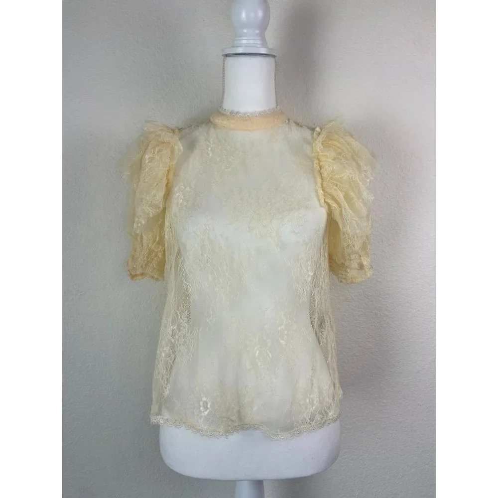Free People‎ women's XS cream overlay lace puff high neck sleeve blouse